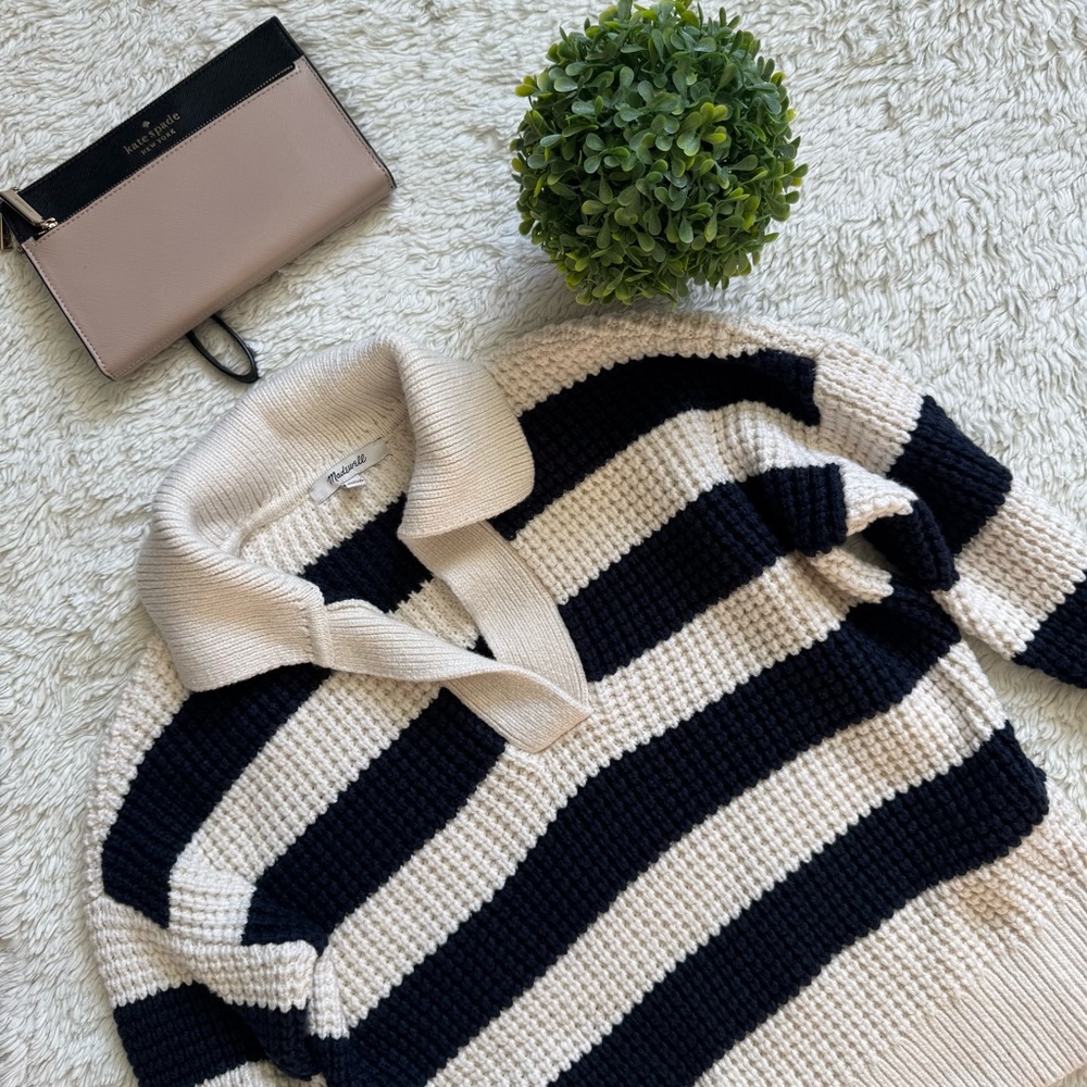 Madewell Striped Henley Waffle Knit Sweater in Navy and Cream